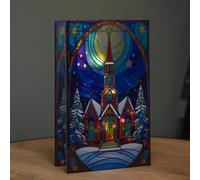 21cm Battery Operated Light up Stained Glass Christmas Decoration with Church Scene & Warm White LEDs