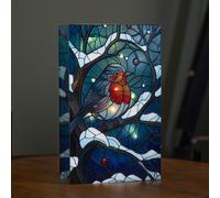 21cm Battery Operated Light up Stained Glass Christmas Decoration with Robin Scene & Warm White LEDs