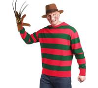 21Fashion 80s Horror Villain Costume for Adults - Striped Red and Green Jumper, Brown Fedora Hat, and Claw Gloves - Scary Halloween Fancy Dress Outfit for Men