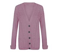 21Fashion Ladies Fancy Chunky Cable Knitted Grandad Cardigan Womens Pockets V Neck Sweater Baby Pink Medium/Large