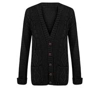 21Fashion Ladies Fancy Chunky Cable Knitted Grandad Cardigan Womens Pockets V Neck Sweater Black Medium/Large