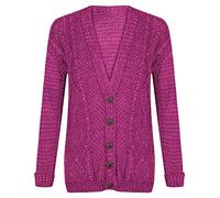 21Fashion Ladies Fancy Chunky Cable Knitted Grandad Cardigan Womens Pockets V Neck Sweater Fuchsia Medium/Large