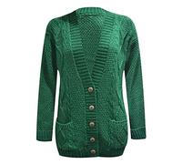 21Fashion Ladies Fancy Chunky Cable Knitted Grandad Cardigan Womens Pockets V Neck Sweater Green Small/Medium