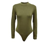 21Fashion Womens Long Sleeve Plain High Turtle Neck Bodysuit Ladies Leotard Look Party Wear Top Khaki Medium/Large UK 12-14