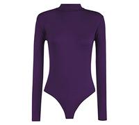 21Fashion Womens Long Sleeve Plain High Turtle Neck Bodysuit Ladies Leotard Look Party Wear Top Purple Medium/Large UK 12-14