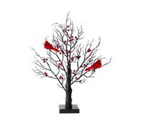21in Glowing Tree with Cardinals, Vintage LED Glowing Tree with Birds and Berries, Battery Operated Christmas Trees Lamp with Adjustable Branches, Lighted Desktop Trees for Halloween Christmas Decor