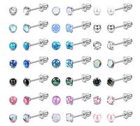 21Pairs Hypoallergenic Surgical Steel Earrings - Flat Back Stud Earrings for Women Men - 20G Small Flatback Stud Earrings - Screw Back Cartilage Earring Sets for Multiple Piercing, 4 mm, Metal, Cubic