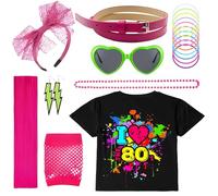 21PCS 1980s Girl's Clothing and Accessory Set, 1980s Party Accessories, T - shirt Printed with 80s Elements Matched with Necklace, Fishnet Gloves, etc. for 1980s Themed Party, 1980s Nights, Carnivals