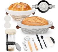 21PCS Bread Proofing Basket Starter Kit, 10 Inch Round & 12 Inch Oval Cotton Rope Banneton Bread Proving Basket with Sourdough Starter Jar Kit, Liners & Covers, Making Tools for Artisan Bread Baking