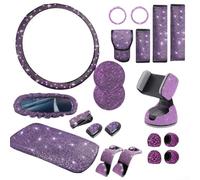 21PCS Car Interior Kit with Steering Wheel Cover, Shoulder Covers, Hot Diamond Phone Holder, Full Diamond Coasters, Starter Ring for Vehicle Upgrade Easy Installation for Most Cars(Purple)