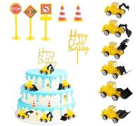 21pcs Mini Digger Cake Decorations - Construction Cake Decorations with Road Toy Sign, Crane Birthday Decorations, Digger Cake Topper, Kids PartyToys, Excavator Construction Vehicles Baby Shower