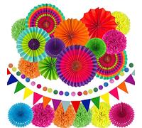 21Pcs Party Decorations Paper Fans Set, Multi-Colored Hanging Paper Fan Round Wheel Disc, Tissue Pom Poms Flowers and Triangle Flags for Birthday Party, Wedding Decorations, Fiesta Party Supplies