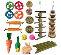 21PCS Rabbit Toys, Natural Guinea Pig Toys, Upgrade 9 Styles Hamster Toys Set, Includes Basic Apple Wood Timothy Hay Sticks, for Rabbit and Small Animals Teething for Hamster, Guinea Pig, Chinchilla