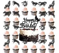 21Pcs Wolf Happy Birthday Cake Decorations, Sparkling Wolf-Themed Party Decor, Kids Birthday Party Supplies, Baby Shower, Jungle Animals, Wildlife