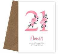 21st Anniversary Card for Wife Husband - Floral Number 21 with Custom Names - Celebrate Anniversaries with 21st Anniversary Card for Couple - 21 Years as Husband and Wife