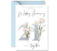 21st Anniversary Card for Women Men - Fancy Floral Flowers - Happy 21 Year Anniversary Card for Partner Wife Husband Companion, A5 Wedding Anniversaries Greeting Cards