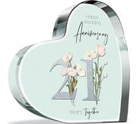 21st Anniversary Plaque Gifts for Wife Husband - 21 Years Together - I Love You Romantic Acrylic Heart Gift For Women Men, 100mm Floral Present For Couples Twenty-First Anniversaries