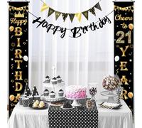 21st Birthday Banner Decorations, Black Happy Birthday Decorations Birthday Door Banner with Triangle Flags Bunting Happy Birthday Door Porch Sign Banner for Birthday Indoor Outdoor Decor Party
