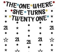 21st Birthday Banner Decorations for Her - The One Where She Turns Twenty One Banners, Black Glitter Garland for 21 Year Old Birthday Party Supplies