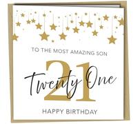 21st Birthday Birthday Card for son, to the most amazing son Twenty One, Blank Inside Twenty One Gold Stars Elegant Milestone #1689