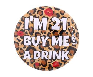 21st Birthday Button Pin, 2.3 Inch I'm 21 Buy Me A Drink Badge Brooch | Leopard Print Birthday Decorations for Her Women Men Party Decor Favors Gifts