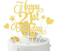21st Birthday Cake Decorations, 7Pcs Happy Birthday Cake Topper with Heart Star Cupcake Picks, Gold Glitter Happy 21 Years Old Birthday's Sign for Party Supplies