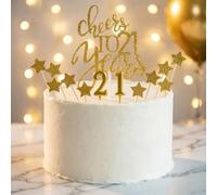 21st Birthday Cake Topper Gold Glitter - Complete Cake Decoration Set with Number Candles & Star Cupcake Toppers - Cheers to 21 Years Party Decor (Golden)