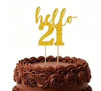 21st Birthday Cake Topper Gold Glitter - Elegant "Hello 21" Cake Decorations for Adult Party, Reusable Celebration Topper with Stylish Calligraphy Design
