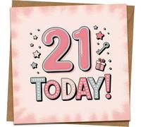 21st Birthday Card - 145mm x 145mm Square - Pink “21 Today” Design with Stars, Gift & Key - Kraft Envelope Included
