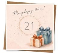 21st Birthday Card, 21st Birthday Card for Her, Many Happy Returns, Elegant Pastel with Gift Boxes and Sparkling Gold Star Details