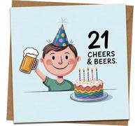 21st Birthday Card - Cheers & Beers Funny Beer Mug & Cake Design, 145mm x 145mm, Includes Kraft Envelope, Humorous Greeting for Him, Son, Brother, Friend
