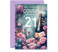 21st Birthday Card Cousin, Pink Presents Champagne Bottle