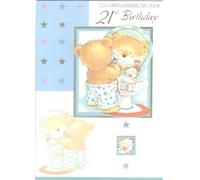 21st Birthday Card, Cute Bear Design with Stars, Blue and Silver, Sentimental Message, 15 x 23 cm