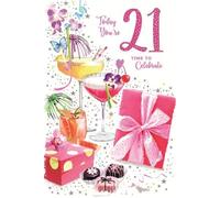 21st Birthday Card - Female Age 21 Pink Presents Cocktails Silver Foil 9x6"