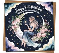 21st Birthday Card for Her - 145mm x 145mm Square Celestial Moon & Roses Design, Luxury Happy 21st Greeting with Kraft Envelope, Elegant Starry Night Theme