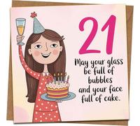 21st Birthday Card for Her - Funny Champagne & Cake Design, “May Your Glass Be Full of Bubbles” - Square 145mm x 145mm - Blank Inside - Kraft Envelope Included