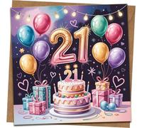 21st Birthday Card for Her or Him, 145mm x 145mm Square, Balloons Cake and Gifts Design, Luxury Greeting Card with Kraft Envelope
