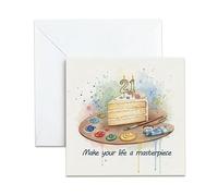 21st Birthday Card For Him or Her，’make Your Life A Masterpiece‘cake and Canvas Design, Happy 21st Birthday Card For People Aged 21，13x13cm，Blank Inside & Envelope Included