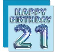 21st Birthday Card for Men - Blue Glitter Party Balloon - Happy Birthday Cards for 21 Year Old Man Brother Son Nephew Uncle, 145mm Bday Greeting Cards Gift
