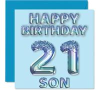 21st Birthday Card for Son - Blue Glitter Party Balloons - Happy Birthday Cards for 21 Year Old Son from Mum Dad Parents, 145mm Bday Greeting Cards Gift