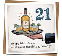 21st Birthday Card Funny Tequila Humour - 145mm x 145mm Square - Kraft Envelope - Happy Birthday What Could Possibly Go Wrong - For Him Her Friend Son Daughter - Blank Inside