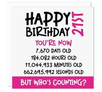 21st Birthday Card - Funny Who's Counting Age 21 Birthday Card for Him or Her - Novelty Milestone Birthday Card Celebrate in Seconds, Minutes, Hours, and Days Twenty One Birthday Greeting Card (Pink)