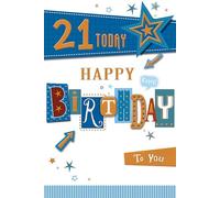 21st Birthday Card - Male Age 21 Today Blue Green Stars Writing & Gold Foil 9x6"