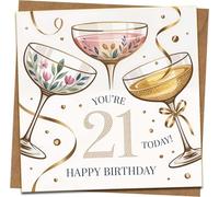 21st Birthday Card - You're 21 Today Happy Birthday, Champagne Glasses Design, 145mm x 145mm Square Greeting Card with Kraft Envelope