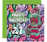 21st Birthday Cards for Men - Wicked Graffiti Robot - Happy Birthday Card for 21 Year Old Man Cousin Grandson Son Colleague, 145mm Bday Greeting Cards