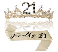 21st Birthday Crown and Sash for Women, 21 Tiara, Black Gold 21st Birthday Decorations for Her 21 Year Old Gifts Party Favors for Girls