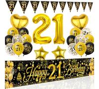 21st Birthday Decoration Man Woman - Black Gold Birthday Decoration Balloons Happy Birthday Banner, Giant Number Balloon and Bunting for 21 Years Birthday Party Decoration