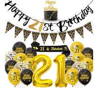 21st Birthday Decoration Woman Man Balloons - Black Gold Happy Birthday Garland Cake Decoration and Sash, XXL Number Balloon and Bunting for 21st Birthday Party Decoration