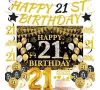 21st Birthday Decorations Banner Balloons - 32 PC Black Gold Balloon Set | 32 Pcs Black Gold Happy 21 bday Banner Number 21 Foil Balloon Hanging Swirls Cake Topper for Him Her boys girls 21 Years Old