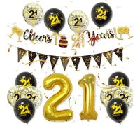 21st Birthday Decorations Black Gold Balloons Confetti Bunting Banner - Foil Number 21 Cake Topper Party Supplies Kit for Home Venue Outdoor Celebrations with Crown Motifs & Glittery Banner